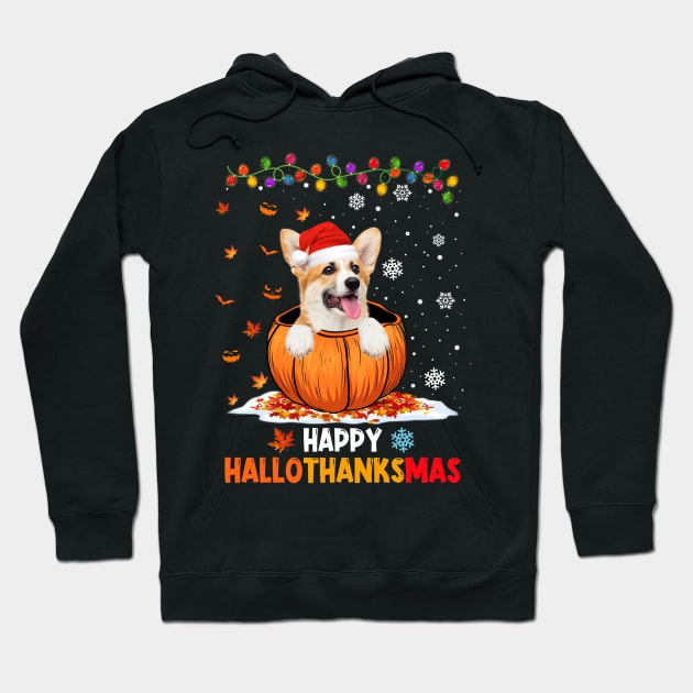 Corgi On Pumpkin Happy Hallothanksmas Hoodie by Magazine